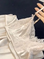 tanie Długie i krótkie koszule nocne dla kobiet-Damskie Piżama Koszula nocna Moda Codzienny Miękkie Czyste kolory Satynowa jedwabna piżama Koronka Niejednolita całość Dom Urlop Łóżko Bez rękawów Paski Beżowy Lato