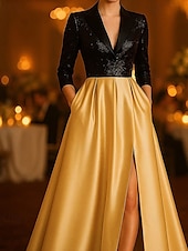 economico Abiti da Sera a Linea A-Linea ad A Abito da Sera Elegante Abito formale Formale Matrimonio Lunghezza al pavimento Manica 3/4 Scollo a V Raso con Pieghe Paillettes Spacco 2025