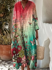 tanie Sukienki kwiatowe-Damskie Sukienka maxi Sukienka letnia Sukienka A line Codzienny Styl plażowy Święto Luźna Ombre Graficzny Geometryczny Długi rękaw W serek Fioletowy Zielony Szary Lato Wiosna Jesień