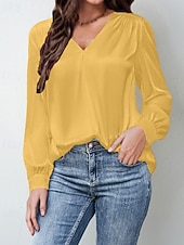 preiswerte Elegante Oberteile-Damen Hemd Bluse Einfach Modern Lässig Langarm V Ausschnitt Normale Oberteile Täglich Ferien Ausgehen Gerafft Schwarz Weiß Gelb Rosa Wein Herbst