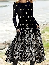 abordables Robes fleuries décontractées-Femmes Robe maxi Robe ajustée et évasée Vacances Occasionnel Boho Soirée Quotidien Sortir Coupe régulière Fleuri Graphique À pois manche longue Col ras du cou Noir Marron clair Bleu Violet Automne