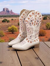 levne Cowboy &amp; Western Boots-Dámské bílé kovbojské boty v západním stylu s unikátním barevným vyšívaným designem a úzkými podpatky, obuv v bohémském západním stylu
