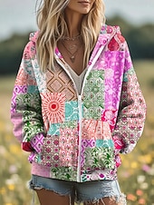 billige Blomstrete topper-Kvinners 3D Print Zip Up Hetter Blomster Grafisk Motemessig Kledelig Langermet Hetter Vanlige Topper Gate Hverdagsklær Patchwork Glidelås Lomme Gul Rosa Blå Lilla Grønn Vår Høst