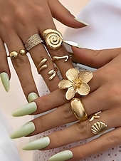 olcso Női Gyűrűk-Női 8 darabos, állítható méretű aranyötvözet gyűrűszett – bohém, mutatós ékszer virágos, kagyló- és geometrikus mintákkal partikra, esküvőkre és mindennapi viseletre
