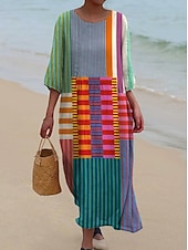 preiswerte Streifen- und geometrisches Kleid-Damen Maxi Kleid Kaftan 3/4 Länge Ärmel Rundhalsausschnitt Lässiges Shift Kleid Kleid Boho Alltag Urlaub Date Grafisch Geometrisch Gelb Blau Lila Frühling Herbst