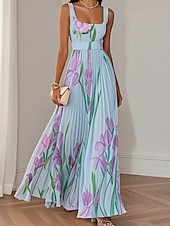 abordables Robes fleuries élégantes-Femmes Robe Longue Maxi Robe Robe de Bal Robe de Soirée Robe Imprimée Mode Moderne Soirée Anniversaire Date Coupe régulière Fleur Sans manches Col carré Blanche Jaune Rose Claire Bleu Été
