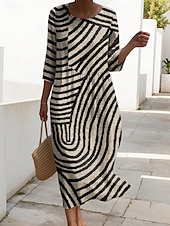 preiswerte Kunst &amp; Design Kleid-Damen Maxi Kleid Kaftan 3/4 Länge Ärmel Rundhalsausschnitt Lässiges Shift Kleid A-Linie Kleid Kleid Boho Alltag Urlaub Date Grafisch Geometrisch Rot Hellbraun Blau Beige Frühling