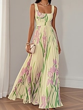 abordables Robes fleuries élégantes-Femmes Robe Longue Maxi Robe Robe de Bal Robe de Soirée Robe Imprimée Mode Moderne Soirée Anniversaire Date Coupe régulière Fleur Sans manches Col carré Blanche Jaune Rose Claire Bleu Été