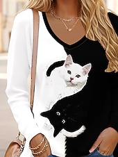  W camiseta de mujer de manga larga gráfica animal gato vintage estilo clásica de manga larga cuello en V tops regulares de impresión diaria negra primavera otoño preotoño