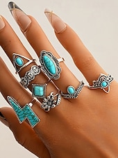 Women's Turquoise Ring Set - Multi-Piece Set of Vintage Bohemian Alloy Jewelry for Women's Holidays, Beach Vacations and Everyday Wear cheap Women's Rings-Women's Turquoise Ring Set - Multi-Piece Set of Vintage Bohemian Alloy Jewelry for Women's Holidays, Beach Vacations and Everyday Wear