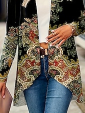 billiga Skjorta jackor-Dam Trenchcoat Bekväm Andningsfunktion Mönster Öppen front Vintage Dagligen Retro Ledigt Blommig Semester Gata Ledigt Dagliga kläder Öppen front Lång Kraglös Normal Långärmad Ytterkläder Svart Vår