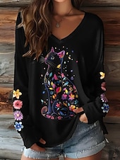abordables Camiseta de Animales-Semana Santa Mujer Camiseta Estampado Floral Graphic Gato Vintage Elegante Clásico Manga Larga Escote en Pico Tops regulares Diario Negro Amarillo Naranja Verano Primavera Otoño