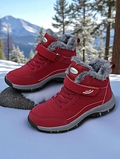 Χαμηλού Κόστους Χερευτές και χειμερινές μπότες-Γυναικεία σκούρα κόκκινα αδιάβροχα χειμερινά μποτάκια πεζοπορίας – βελούδινα, αντιολισθητικά παπούτσια για χιόνι, ζεστά παπούτσια πεζοπορίας και ταξιδιού