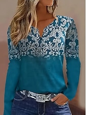 billige Boho t-skjorte-Dame T skjorte Grafisk Planter Stamme Årgang Stilfull Fritid Langermet V-hals Hals med hakk Vanlige topper Daglig Helg Trykt mønster Blå Lilla Vår Høst Vinter