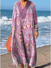 abordables Robes Boho-Femmes Robe maxi Robe d&#039;Été Robe trapèze Vacances Occasionnel Boho Soirée Fête Plage Coupe Ample Fleuri Graphique Géométrique manche longue Col en V Jaune Rouge Fuchsia Orange Été Printemps Automne