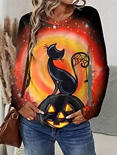 Halloween Women's T shirt Black Cat Long Sleeve Crew Neck Long Sleeve Tunic Graphic Animal Cat Vintage Stylish Round Neck Regular Tops Daily Weekend Print Orange Fall Prefall4