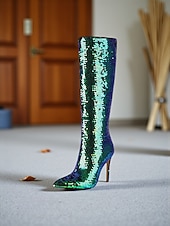 baratos Festa da Vida Noturna-Botas femininas de cano alto com lantejoulas - botas de festa com salto agulha brilhante para mulheres, calçados da moda glamorosos para boates, apresentações no palco e trajes de noite
