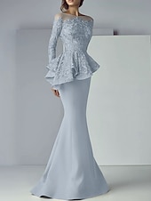 cheap Floor Length-Mermaid Mother of the Bride Dress Formal Wedding Guest Elegant Scoop Neck Floor Length Lace Stretch Fabric Long Sleeve with Ruffles Appliques