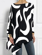 billige Kunst &amp; Design t-skjorte-Dame T skjorte Grafisk Geometrisk Abstrakt Årgang Stilfull Fritid Langermet Crew-hals Lange topper Daglig Trykt mønster Asymmetrisk Svart Hvit Gul Rød Vår Høst