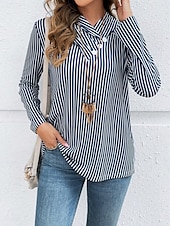 billige Stripe og geometrisk t-skjorte-Dame T skjorte Grafisk Stripet Årgang Stilfull Fritid Langermet V-hals Vanlige topper Daglig Helg Knapper Trykt mønster Navyblå Høst Vinter