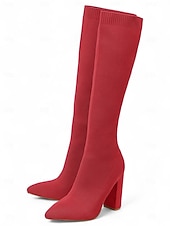 abordables Botas de moda-Botas altas hasta la rodilla rojas para mujer: botas largas de punto elástico, punta puntiaguda y tacón grueso para atuendos de otoño-invierno, fiestas y looks urbanos de moda.
