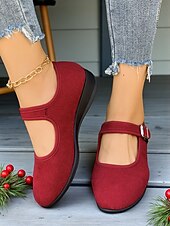 Women's Red Mary Jane Flats with Adjustable Buckle Strap, Comfortable Non-Slip Sole Casual Wear and Festive Christmas Outfits cheap Women's Christmas Shoes-Women's Red Mary Jane Flats with Adjustable Buckle Strap, Comfortable Non-Slip Sole Casual Wear and Festive Christmas Outfits