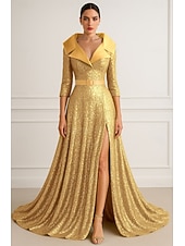 cheap A-Line Evening Dresses-A-Line Floor Length Evening Gown Ball Gown Formal Dress Elegant Glittering Silky Half Sleeve Lapel Formal Wedding Belt / Sash Sequined with Glitter Pleats