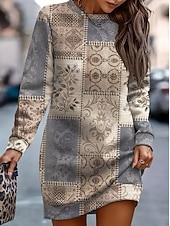 preiswerte Boho Kleid-Damen Minikleid Shiftkleid Urlaub Lässig Geburtstag Täglich Date Normale Passform Blumen Grafik Gestreift Langarm Rundhalsausschnitt Leicht Braun Herbst Winter