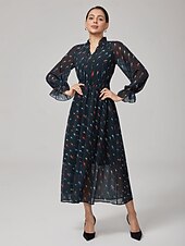 baratos Vestidos Florais-Mulheres Vestido casual Vestido Longo Vestido Maxi Preto Manga Longa Papagaio gravata na frente Primavera &amp; Outono Estações Cruzadas Decote V Férias S M L