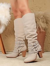 olcso Slouch Boots-női bézs lompos, térdig érő csizma csattal és szegecsekkel, vintage western stílusú őszi és téli alkalmi viselethez