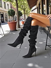 abordables Bottes souples-Bottes hautes pour femmes, style jambe large, convertibles au-dessus du genou, bottes à talon aiguille à bout pointu en daim pour des tenues de mode décontractées urbaines