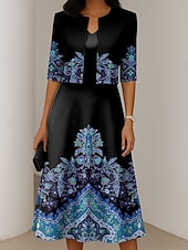 preiswerte Boho Kleid-Damen Kleid-Set A Linie Kleid Sommerkleid Elegant Lässig Ombre Grafik Druck Midikleid Halbarm V Ausschnitt Formell Urlaub Gelb Rote Blau Frühling Herbst Normale Passform