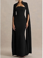economico Vestiti da sera-abito da sera a sirena/tromba con mantello rosso, elegante, formale, da sposa, lungo fino al pavimento, manica lunga, collo alto, in crêpe elasticizzato con spacco 2025