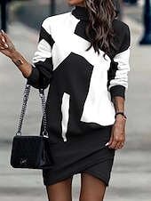 economico Abito Floreale-Per donna Mini Abito Tubino Casual Quotidiano Vestibilità regolare Floreale A righe Manica Lunga Collo Alto Nero Bianco Giallo Albicocca Primavera Autunno Inverno