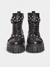 abordables Bottes motard-bottes motardes cloutées en similicuir noir pour femme avec semelle plateforme épaisse et fermeture éclair latérale &amp;Bottines à boucle style punk pour ados et femmes, idéales pour les concerts et le