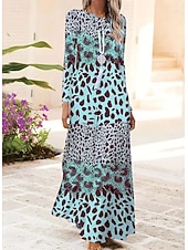 tanie Sukienka boho-Damskie Sukienka maxi Sukienka trapezowa Sukienka A line Impreza Codzienny Boho Codzienny Randka Wyjściowe Regularny Graficzny Zwierzę Panterka Długi rękaw Półgolf Rumiany róż Niebieski Brązowy
