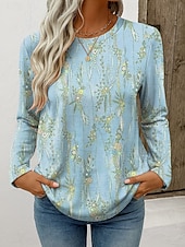 abordables T-shirt floral-Femmes T-shirt Imprimé Fleuri Graphique Plantes ancien Élégant Classique manche longue Col ras du cou Hauts Réguliers Quotidien Week-end Bleu Rose Claire Violet Vert Printemps Automne