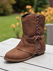levne Cowboy &amp; Western Boots-Dámské tmavě hnědé kotníkové boty z umělé kůže s bočním zipem a krajkovým detailem – ležérní vintage boty na nízkém podpatku pro každodenní nošení, cestování a outdoorové outfity