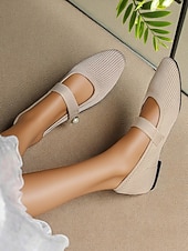 billiga Platta damskor-Beige stickade Mary Jane-skor med pärlrem för kvinnor - lätta, andningsbara vardagsskor för vardagsbruk, resor och kontorskläder