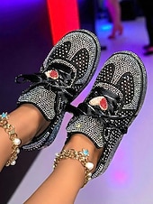 halpa Naisten lenkkarit-Naisten valkoiset strassikengät satiininauhanauhoilla ja sydänriipuksella - tyylikkäät vapaa-ajan kengät yöelämään, klubeille ja juhliin