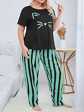 Per donna Attivo Blusa Set di Pantaloni Manica Corta Girocollo Gatto A righe Stampato Vacanza Casual Quotidiano Nero Giallo Rosa Autunno Vestibilità regolare economico Abiti da donna con camicetta-Per donna Attivo Blusa Set di Pantaloni Manica Corta Girocollo Gatto A righe Stampato Vacanza Casual Quotidiano Nero Giallo Rosa Autunno Vestibilità regolare