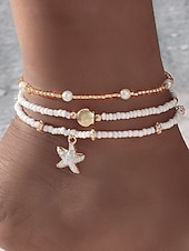 billiga Damarmband-3-delat pärlhängesset för kvinnor – guldlegering och vita pärlor med sjöstjärnor och snäckor, bohemiska strandsmycken för sommarsemester och vardagliga outfits