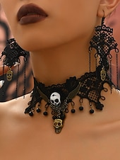 abordables Accesorios de Halloween-Conjunto de collar y pendientes de araña y calavera de Halloween para mujer: diseño de red de encaje negro con gema roja, perfecto para fiestas y disfraces de Halloween.