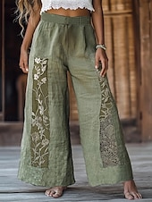 abordables jambe large et taille haute-Femmes Jambe large Pantalons Pantalon palazzo ancien Boho Longueur complète Taille haute Fleur Taille Élastique Impression Respirabilité Confortable Rue Tenue quotidienne Sortir Vert Printemps Automne