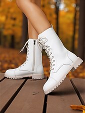 baratos Botas de combate-Botas de combate femininas brancas com cadarço e zíper lateral, calçados urbanos estilosos