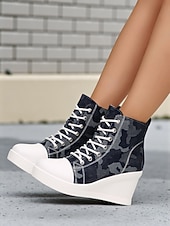preiswerte Damen-Sneaker-Damen-Wedge-Sneaker aus blauem Denim mit Schmetterlings-Print – lässige Schnürstiefel mit verstecktem Absatz für Reisen, Streetwear und Alltagsoutfits