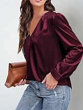 preiswerte Elegante Oberteile-Damen Hemd Bluse Einfach Modern Lässig Langarm V Ausschnitt Normale Oberteile Täglich Ferien Ausgehen Gerafft Schwarz Weiß Gelb Rosa Wein Herbst