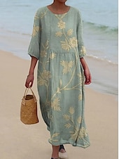 billiga Blommig klänning-Kvinnors Maxiklänning Kaftan 3/4 Lång Ärme Crew Neck Avslappnad Shift Klänning A-linjeformat Klänning Klänning Boho Daglig Semester Dejtdress Blommig Grafisk Mörk Gul Ljus Rosa Gul Ljus Grön