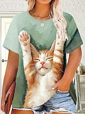 billiga Djur tee-Dam T-shirt Grafisk Djur Katt Vintage Stylish Klassisk Kortärmad Rund hals Vanliga toppar Dagligen Helgen Mönster Ljusgrön Sommar Vår