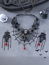abordables Accesorios de Halloween-Conjunto de collar y pendientes de araña y calavera de Halloween para mujer: diseño de red de encaje negro con gema roja, perfecto para fiestas y disfraces de Halloween.